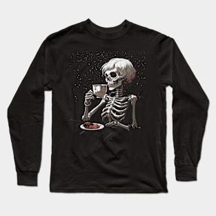 Coffee Drinking Skeleton Lazy DIY Halloween Costume Womens Long Sleeve T-Shirt